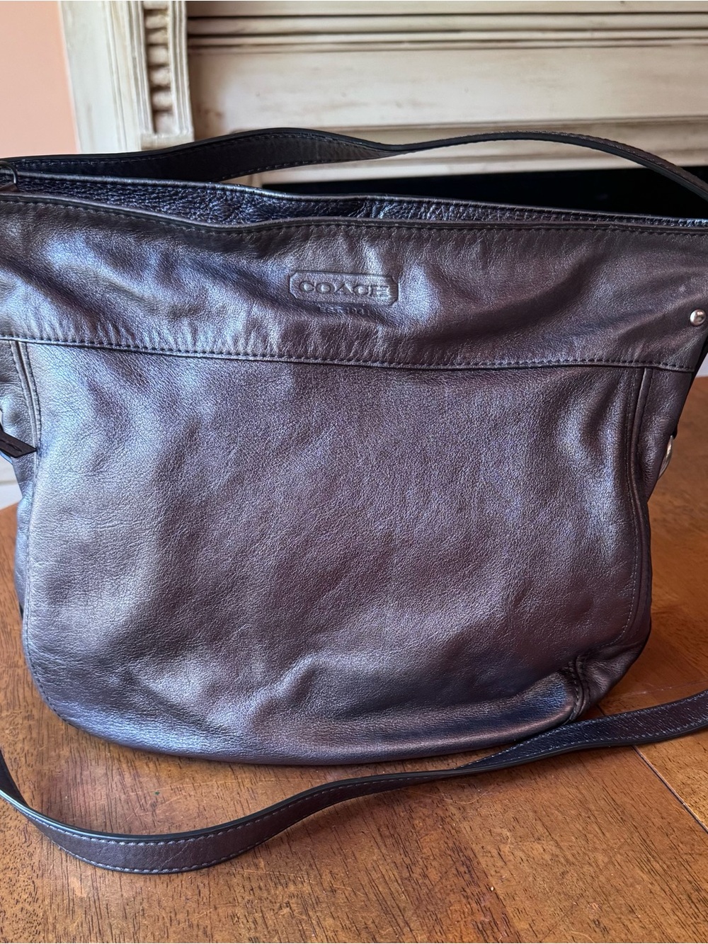 Coach/Zoe, convertible, hobo bag, gunmetal/metallic leather, preowned/excellent
